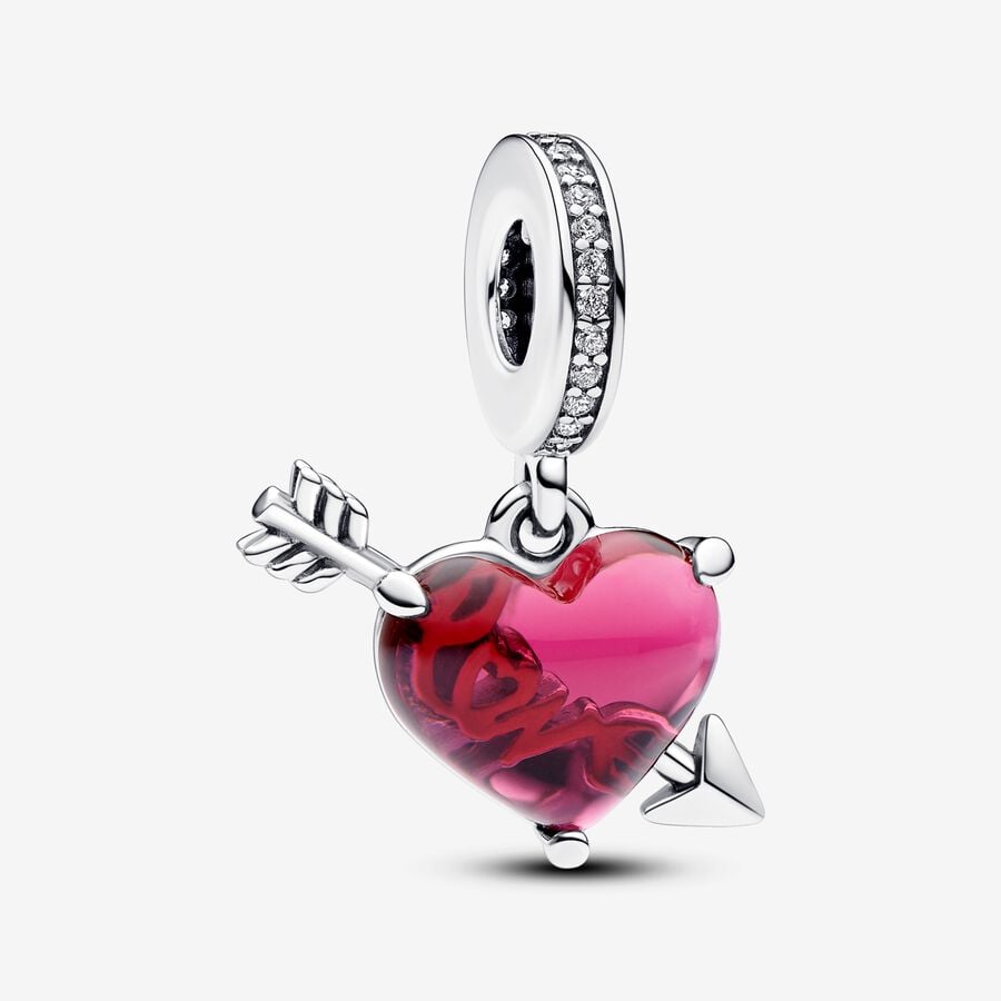 Charm Colgante Pandora de Cristal de Murano Corazón Rojo y Flecha